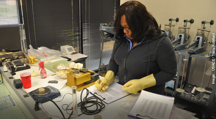 Engineering Geologist in the lab testing soil strength
